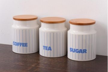 アンティーク雑貨　イギリスビンテージ　HORNSEA(ホーンジー)　ストライプがかわいらしいキャニスター・中3点セット(保存容器、ジャー)
