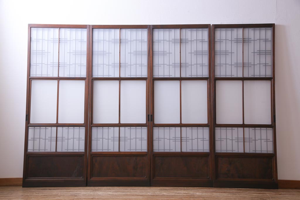 昭和レトロ　幅狭　シンプルな組子風デザインのガラス戸(引き戸、建具)4枚セット