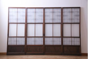 昭和レトロ　幅狭　シンプルな組子風デザインのガラス戸(引き戸、建具)4枚セット