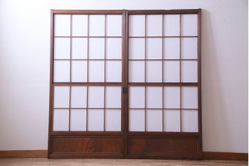 昭和中期　和の風情あふれる佇まいが魅力の摺り上げ雪見障子戸2枚セット(引き戸、擦り上げ障子戸、擦上障子戸、建具)(1)