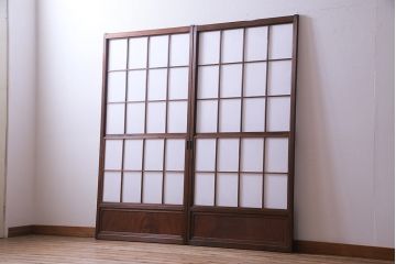 昭和中期　和の風情あふれる佇まいが魅力の摺り上げ雪見障子戸2枚セット(引き戸、擦り上げ障子戸、擦上障子戸、建具)(1)