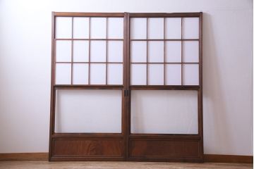 昭和中期　和の風情あふれる佇まいが魅力の摺り上げ雪見障子戸2枚セット(引き戸、擦り上げ障子戸、擦上障子戸、建具)(1)
