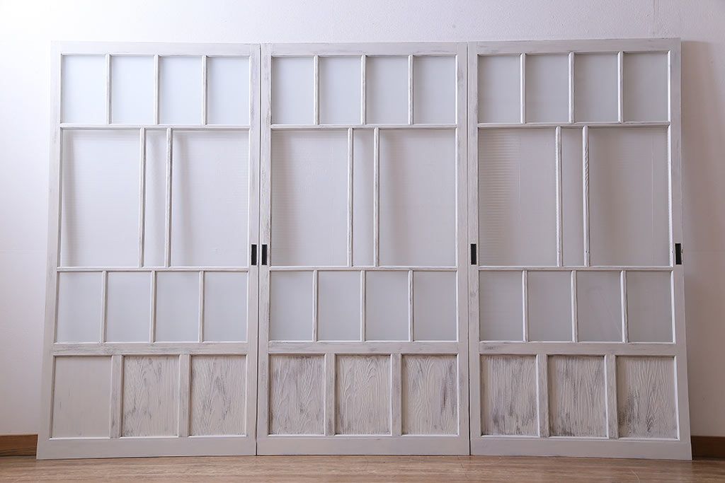 大正昭和初期　モールガラス・すりガラス　アンティークペイントを施したリメイクガラス戸3枚セット(建具、引き戸)