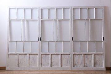 大正昭和初期　モールガラス・すりガラス　アンティークペイントを施したリメイクガラス戸3枚セット(建具、引き戸)