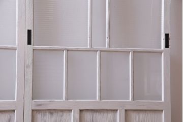 大正昭和初期　モールガラス・すりガラス　アンティークペイントを施したリメイクガラス戸3枚セット(建具、引き戸)