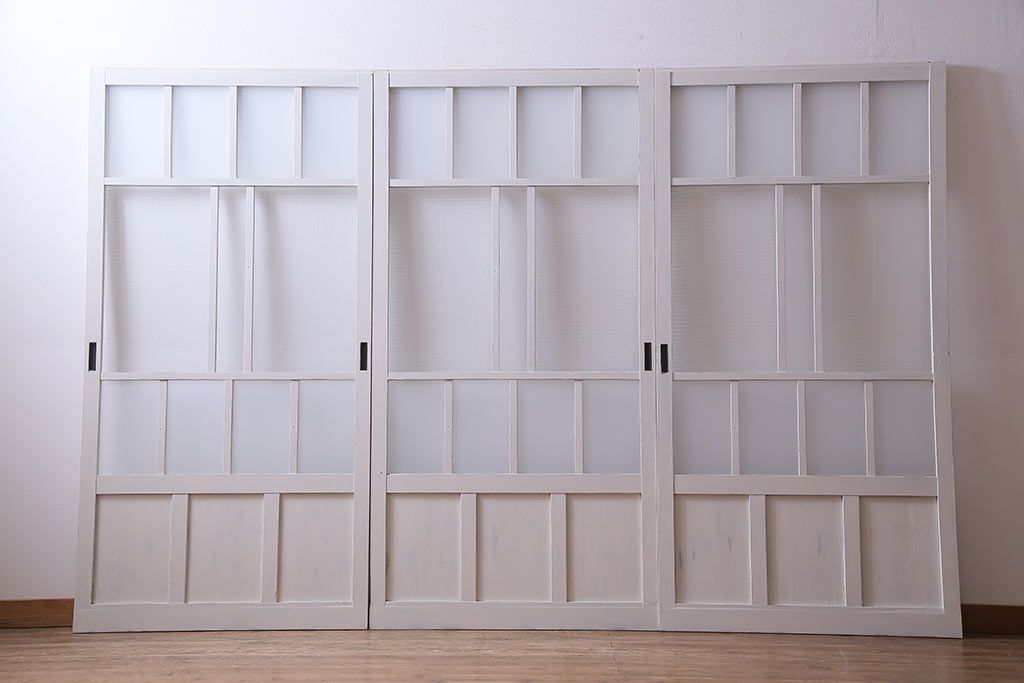 大正昭和初期　モールガラス・すりガラス　アンティークペイントを施したリメイクガラス戸3枚セット(建具、引き戸)