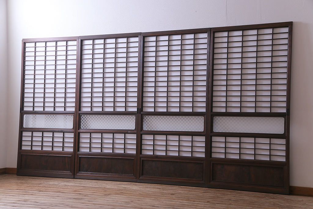 当店オリジナルガラス入り　市松模様のガラスがモダンな障子戸4枚セット(ガラス帯戸、引戸、建具)