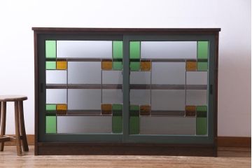 ラフジュ工房オリジナル　両面ガラス　色ガラス入りステンドグラスの戸棚(収納棚、サイドボード)(1)