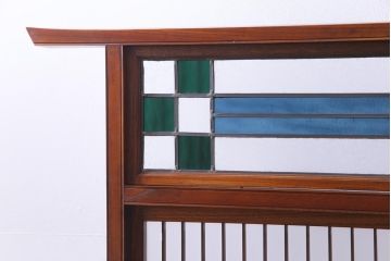 和製アンティーク　ケヤキ材　上手物　大正ロマンな雰囲気高まる色ガラス入り衝立(パーテーション、間仕切り)