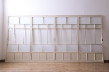 ペイント家具　すりガラス・チェッカーガラス　レトロな雰囲気漂うガラス戸4枚セット(引き戸、建具)