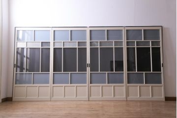 ペイント家具　すりガラス・チェッカーガラス　レトロな雰囲気漂うガラス戸4枚セット(引き戸、建具)
