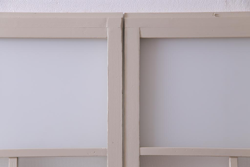 ペイント家具　すりガラス・チェッカーガラス　レトロな雰囲気漂うガラス戸4枚セット(引き戸、建具)