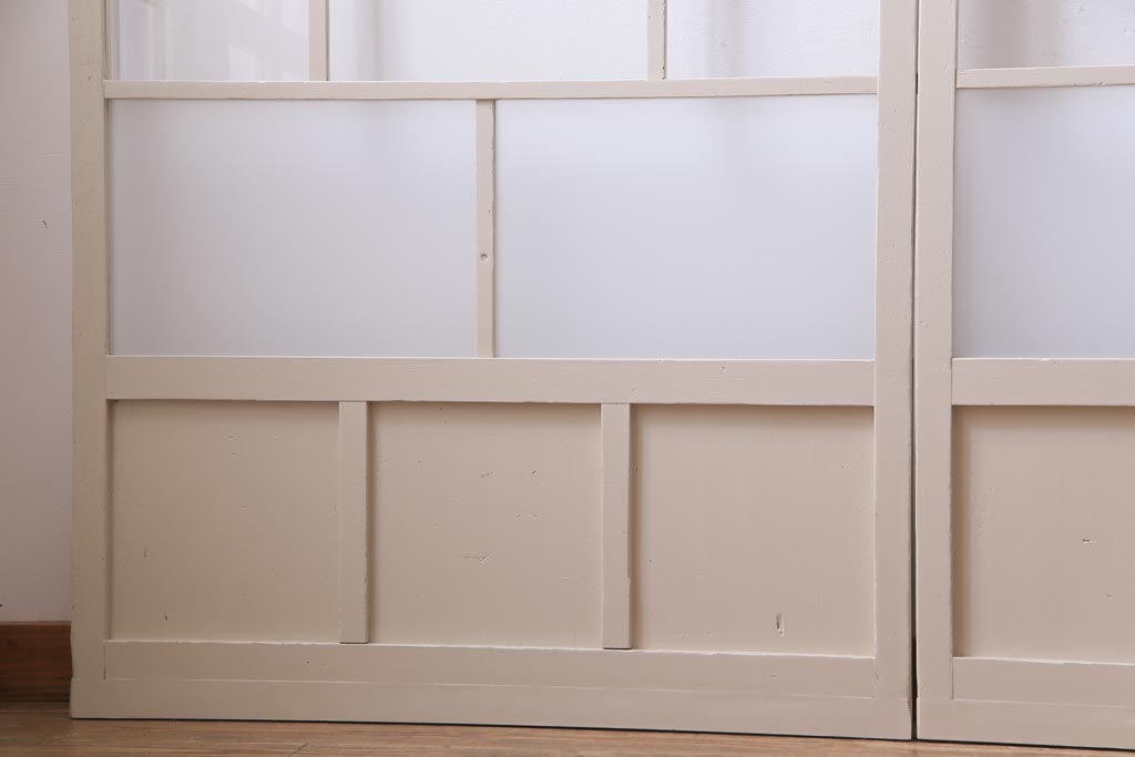 ペイント家具　すりガラス・チェッカーガラス　レトロな雰囲気漂うガラス戸4枚セット(引き戸、建具)