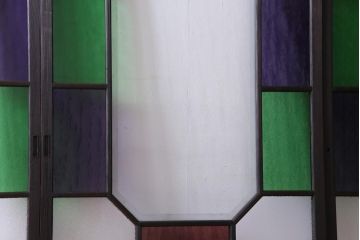 大正ロマン　ダイヤガラス入り　3色の色ガラスが目を引くモダンなガラス戸4枚セット(引き戸、建具)
