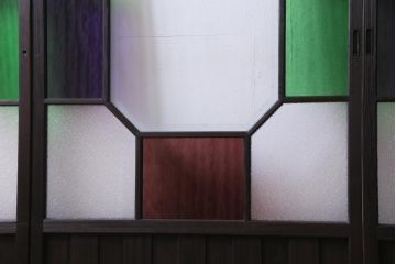 大正ロマン　ダイヤガラス入り　3色の色ガラスが目を引くモダンなガラス戸4枚セット(引き戸、建具)