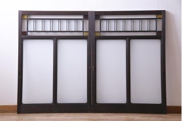 和製アンティーク　大正ロマン　色ガラスがアクセントを利かせるレトロなガラス戸2枚セット(建具、引き戸、窓)