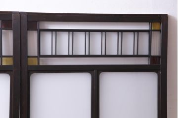 和製アンティーク　大正ロマン　色ガラスがアクセントを利かせるレトロなガラス戸2枚セット(建具、引き戸、窓)