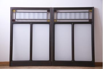和製アンティーク　大正ロマン　色ガラスがアクセントを利かせるレトロなガラス戸2枚セット(建具、引き戸、窓)