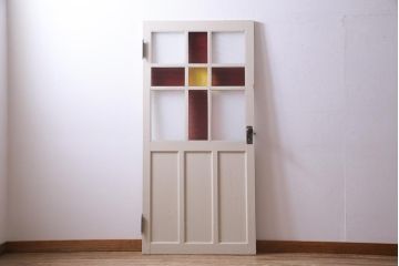 ペイント家具　色ガラス入り　十字の格子が目を引くドア(扉、建具)