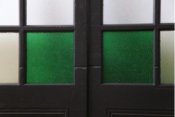 ペイント家具　当時物色ガラス　ナラ材　大正ロマンの雰囲気漂う上手物ガラス戸2枚セット(引き戸、建具)