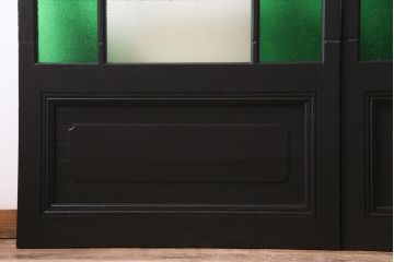 ペイント家具　当時物色ガラス　ナラ材　大正ロマンの雰囲気漂う上手物ガラス戸2枚セット(引き戸、建具)