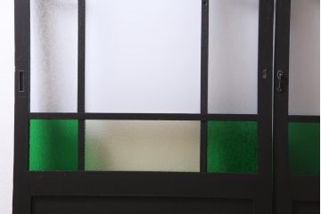 ペイント家具　当時物色ガラス　ナラ材　大正ロマンの雰囲気漂う上手物ガラス戸2枚セット(引き戸、建具)