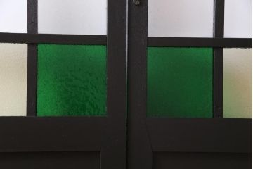 ペイント家具　当時物色ガラス　ナラ材　大正ロマンの雰囲気漂う上手物ガラス戸2枚セット(引き戸、建具)