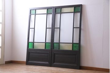 ペイント家具　当時物色ガラス　ナラ材　大正ロマンの雰囲気漂う上手物ガラス戸2枚セット(引き戸、建具)