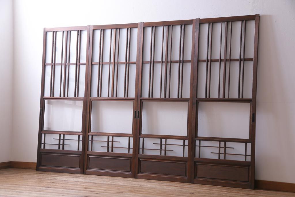 和製アンティーク　ダイヤガラス入り　和の風情感じるガラス戸4枚セット(引き戸、建具)