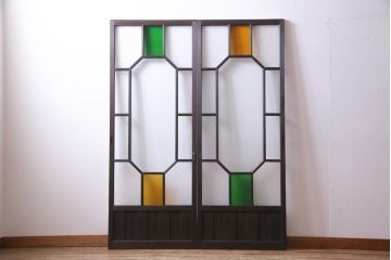 大正ロマン　当時物色ガラス　黄色と緑のアクセントがお洒落なガラス戸2枚セット(引き戸、建具)