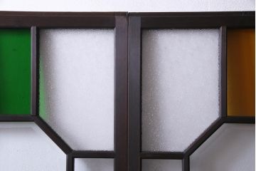 大正ロマン　当時物色ガラス　黄色と緑のアクセントがお洒落なガラス戸2枚セット(引き戸、建具)