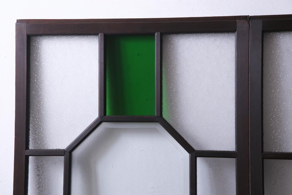 大正ロマン　当時物色ガラス　黄色と緑のアクセントがお洒落なガラス戸2枚セット(引き戸、建具)