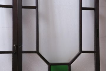大正ロマン　当時物色ガラス　黄色と緑のアクセントがお洒落なガラス戸2枚セット(引き戸、建具)