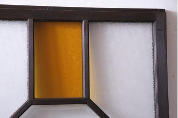 大正ロマン　当時物色ガラス　黄色と緑のアクセントがお洒落なガラス戸2枚セット(引き戸、建具)