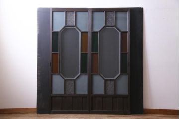 大正ロマン　当時物色ガラス　黄色と緑のアクセントがお洒落なガラス戸2枚セット(引き戸、建具)(1)