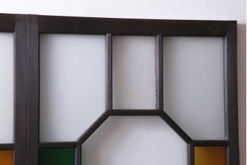大正ロマン　当時物色ガラス　黄色と緑のアクセントがお洒落なガラス戸2枚セット(引き戸、建具)(1)