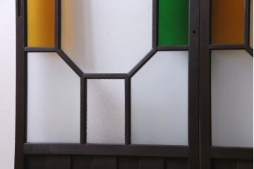 大正ロマン　当時物色ガラス　黄色と緑のアクセントがお洒落なガラス戸2枚セット(引き戸、建具)(1)
