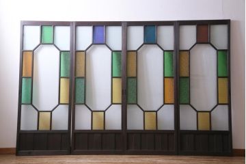 大正ロマン　当時物色ガラス　色とりどりな配色が個性的なガラス戸4枚セット(引き戸、建具)