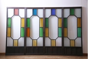 大正ロマン　当時物色ガラス　色とりどりな配色が個性的なガラス戸4枚セット(引き戸、建具)