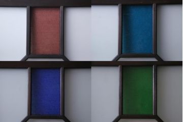 大正ロマン　当時物色ガラス　色とりどりな配色が個性的なガラス戸4枚セット(引き戸、建具)