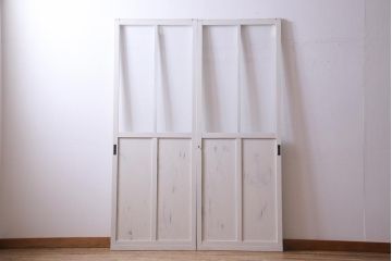 和製アンティーク　シャビーなペイントがお洒落な雰囲気漂うガラス戸2枚セット(建具、引き戸)