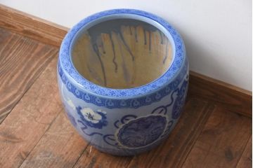 アンティーク雑貨　和製アンティーク　鳳凰の図　紫陽花や蝶結びが可愛らしい瀬戸火鉢(手あぶり)