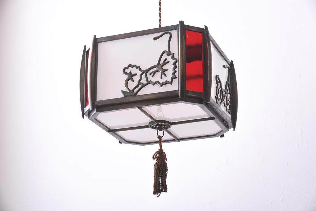 和製アンティーク　大正昭和初期　色ガラス入り　和モダンなデザインがお洒落な天井照明(吊り下げ照明、ペンダントライト)