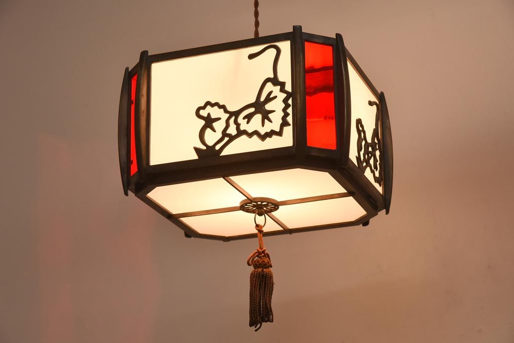 和製アンティーク　大正昭和初期　色ガラス入り　和モダンなデザインがお洒落な天井照明(吊り下げ照明、ペンダントライト)