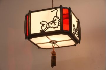和製アンティーク　大正昭和初期　色ガラス入り　和モダンなデザインがお洒落な天井照明(吊り下げ照明、ペンダントライト)