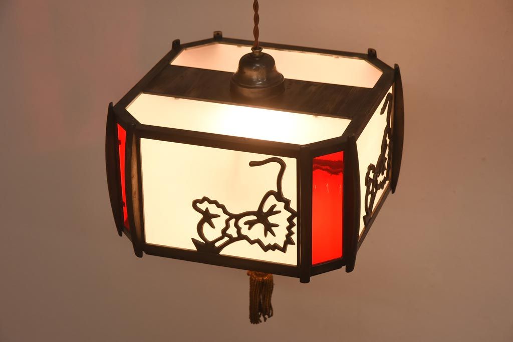 和製アンティーク　大正昭和初期　色ガラス入り　和モダンなデザインがお洒落な天井照明(吊り下げ照明、ペンダントライト)
