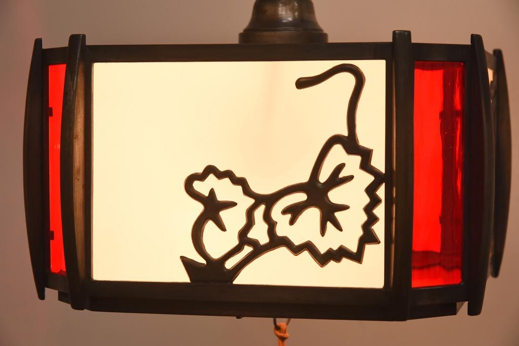 和製アンティーク　大正昭和初期　色ガラス入り　和モダンなデザインがお洒落な天井照明(吊り下げ照明、ペンダントライト)