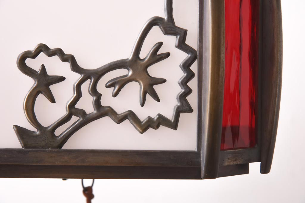 和製アンティーク　大正昭和初期　色ガラス入り　和モダンなデザインがお洒落な天井照明(吊り下げ照明、ペンダントライト)