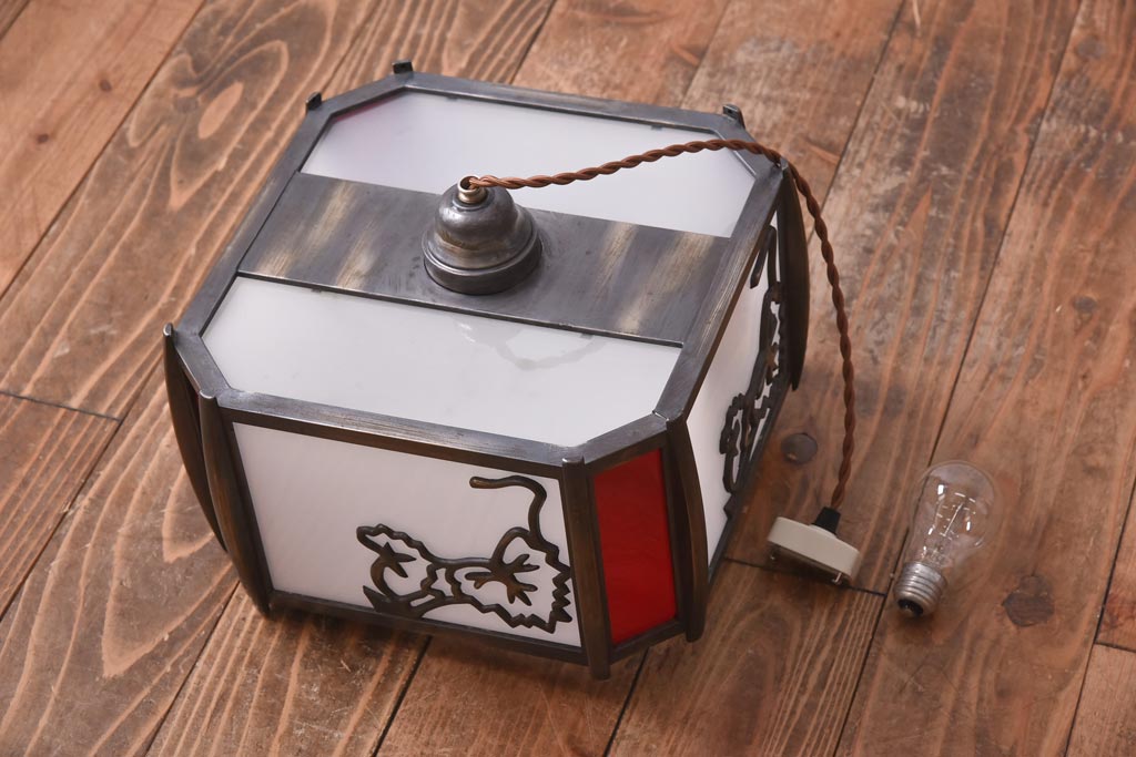 和製アンティーク　大正昭和初期　色ガラス入り　和モダンなデザインがお洒落な天井照明(吊り下げ照明、ペンダントライト)