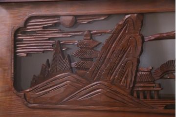 昭和中期　両面ガラス　和の風情感じる透かし彫りが魅力的な欄間(明り取り、ディスプレイ)